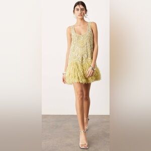 NWT ASOS EDITION Embellished Scoop Neck Mini Dress w/Faux Feather Hem in Lime